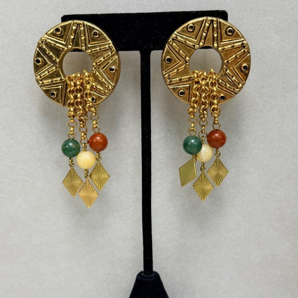 ZARA Boho Multicolor Dangle Earrings Gold Tone Pierced NWOT Statement